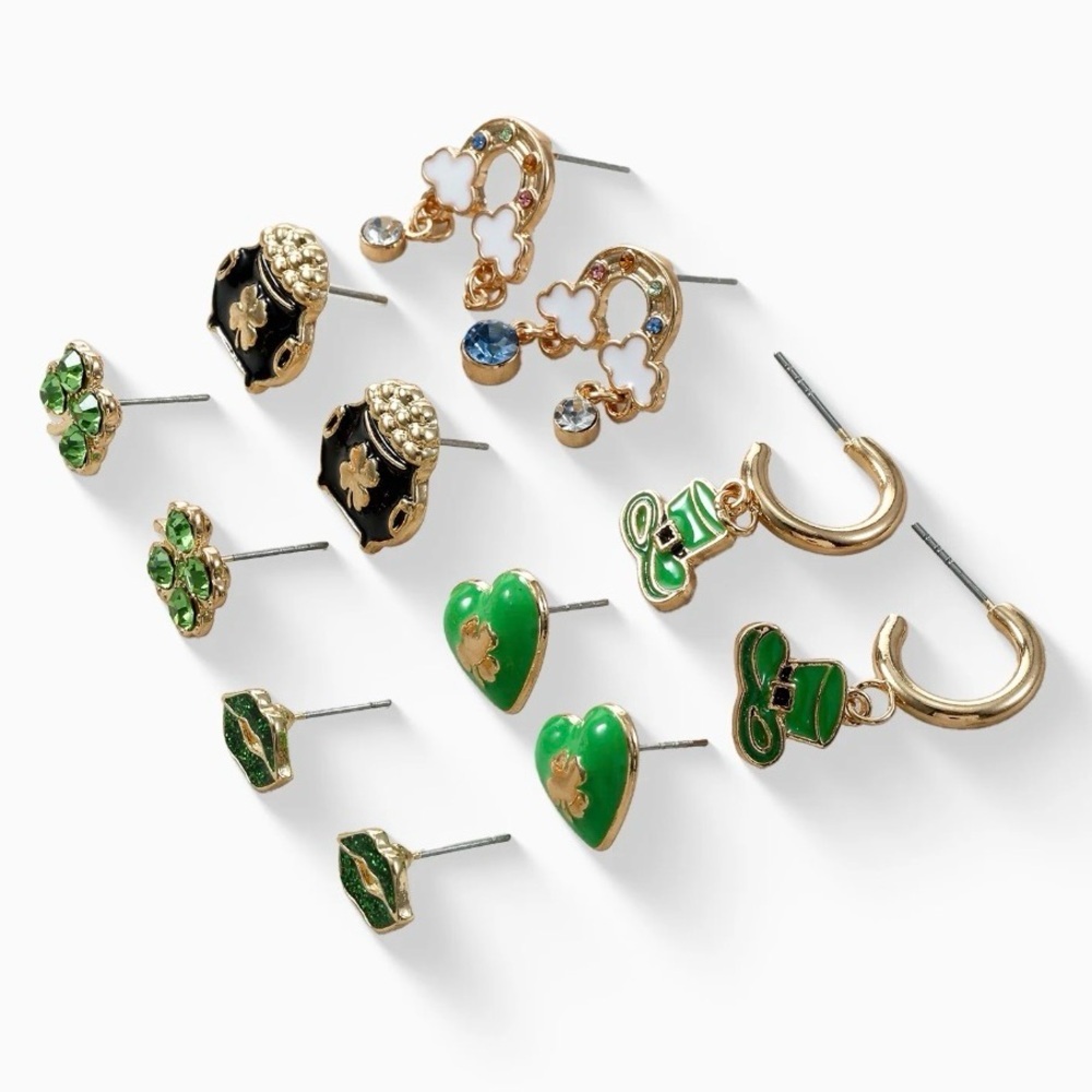 Gold and Green Clover Earrings Set - Picture 2 of 8